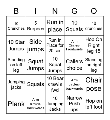 FITNESS WARM UP Bingo Card