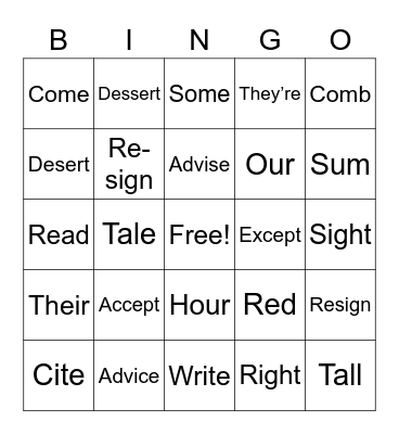 SIMILAR SOUNDING WORDS: BINGO Card