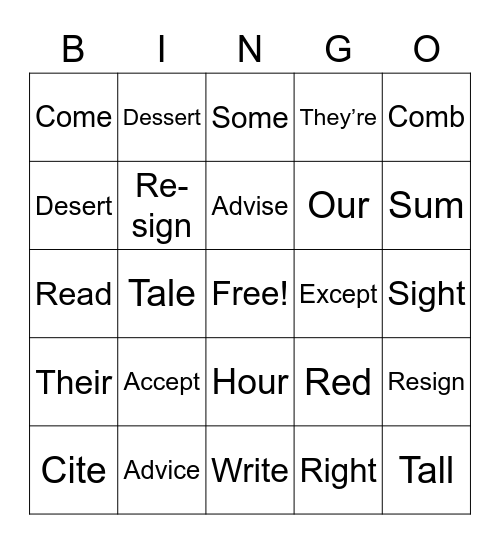 SIMILAR SOUNDING WORDS: BINGO Card