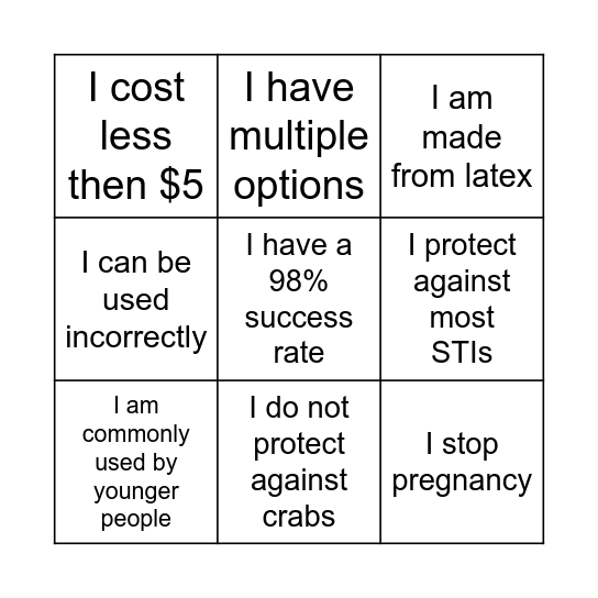 Male Condom Bingo Card