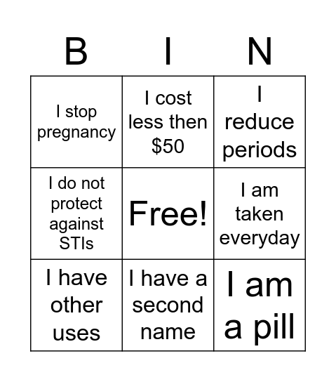 The pill Bingo Card