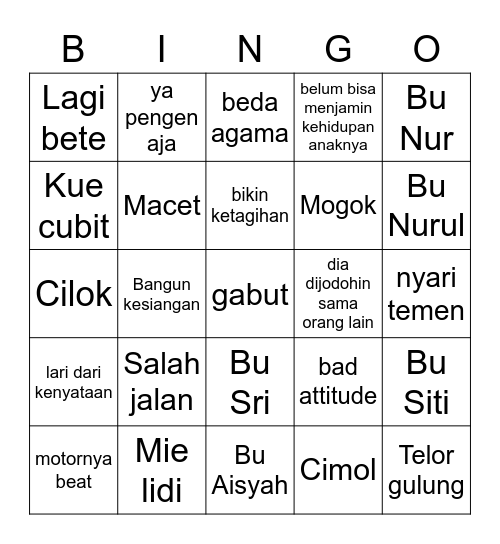 Minya Bingo Card