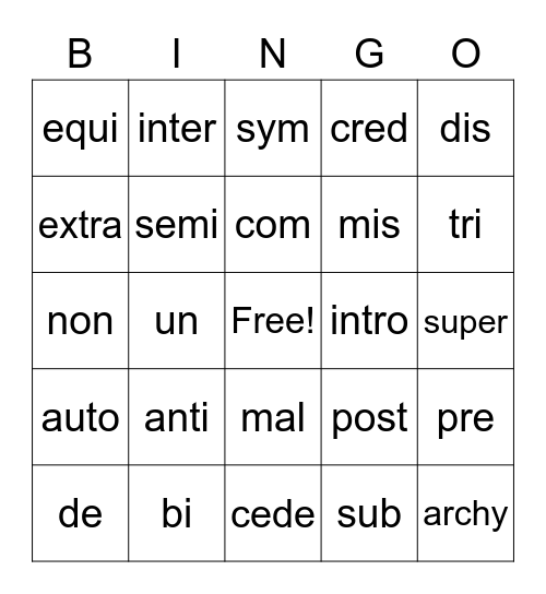 Prefixes Bingo Card