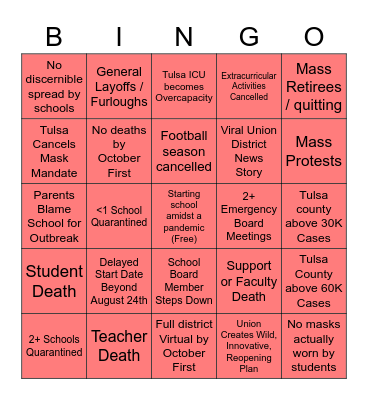 Union District Pandemic Bingo Card