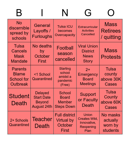 Union District Pandemic Bingo Card