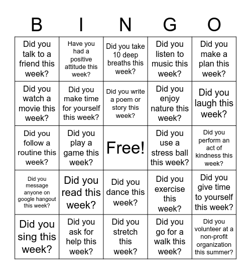 COPING SKILLS Bingo Card