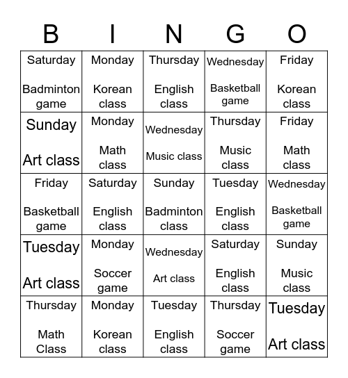 WHAT DAY IS IT TODAY? Bingo Card