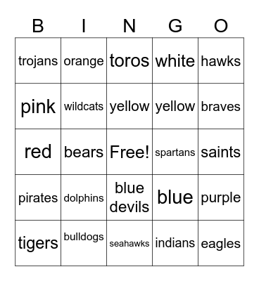 School Mascots Bingo Card