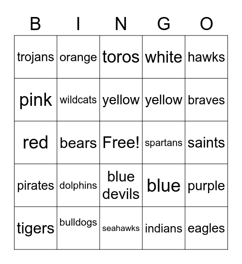 School Mascots Bingo Card