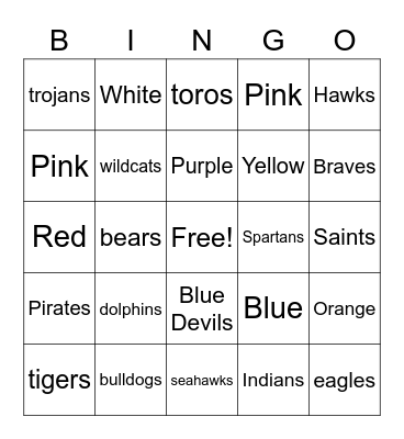 School Mascots Bingo Card