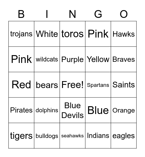 School Mascots Bingo Card