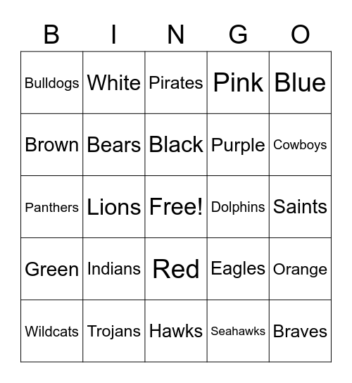 School Mascots Bingo Card