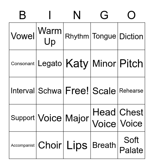 Katy Choir Bingo Card