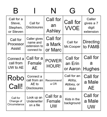 POWER HOUR BINGO Card