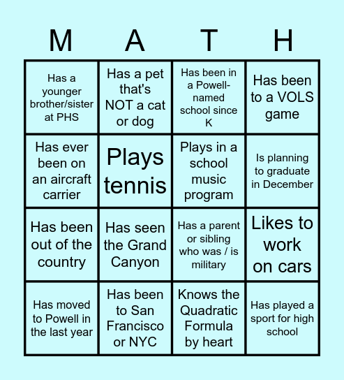 Getting to Know You Bingo Card