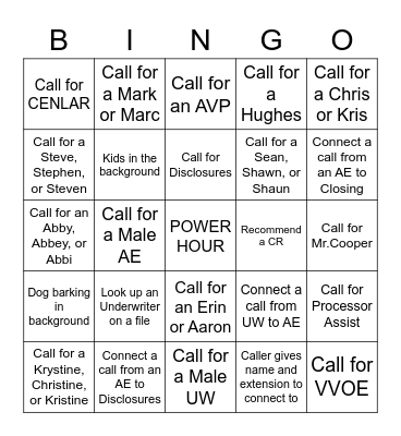 POWER HOUR BINGO Card