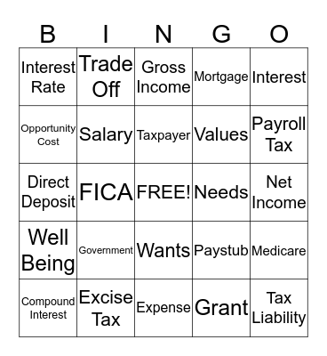 Personal Finance Bingo Card