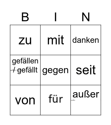 G2 :  DATIVE PREPS AND VERBS Bingo Card