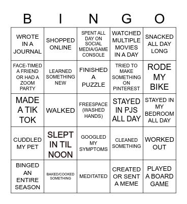 Social Distancing Bingo Card