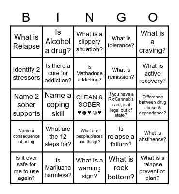 Relapse Prevention Bingo Card