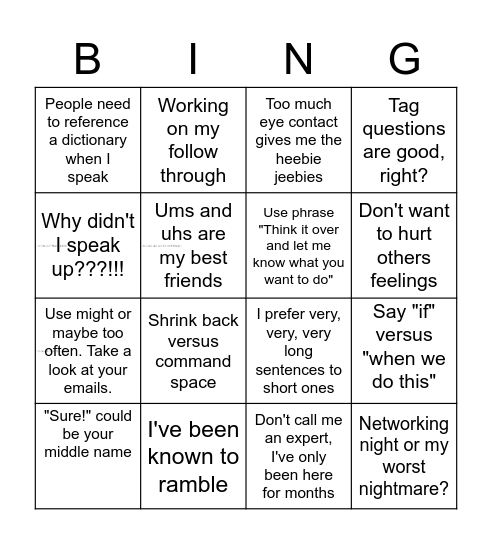 Confidence language Bingo Card