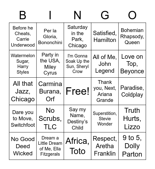GSU Music Bingo Card