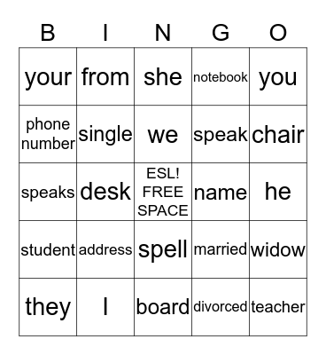 LEARNING ENGLISH Bingo Card