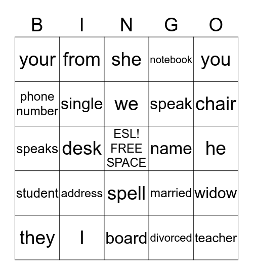 LEARNING ENGLISH Bingo Card