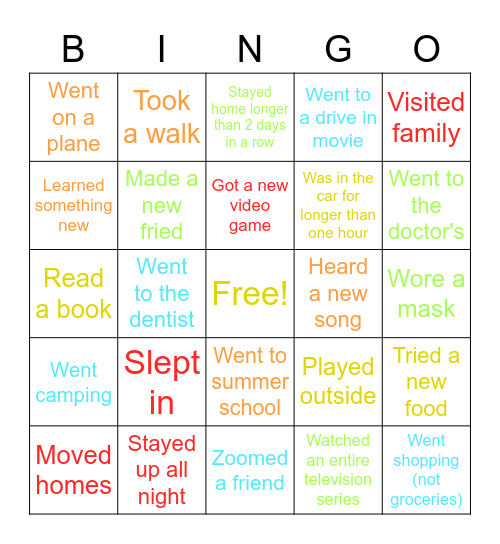 Things I did this summer... Bingo Card