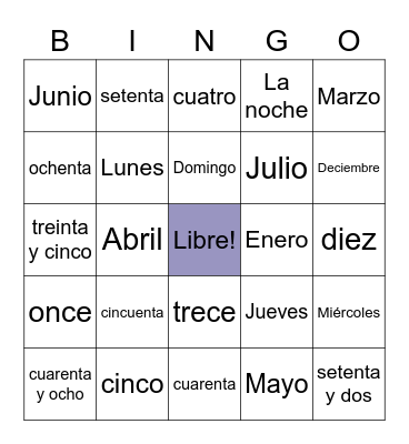 Spanish Bingo Card