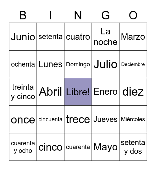 Spanish Bingo Card