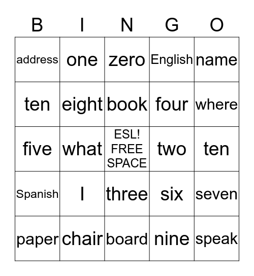 LEARNING ENGLISH Bingo Card
