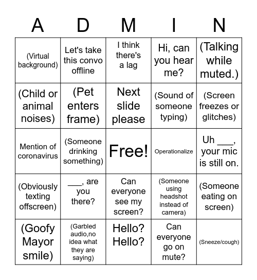 Zoom Bingo! Bingo Card