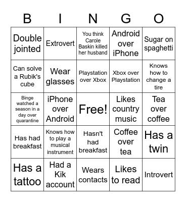 Knights of Color Bingo Card