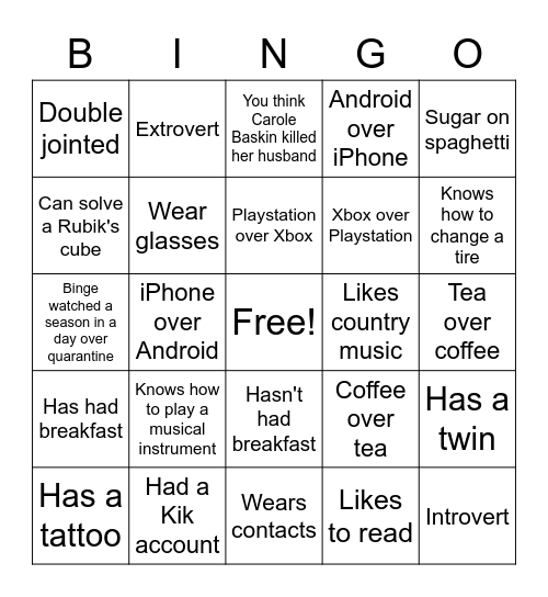 Knights of Color Bingo Card