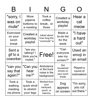 Remote Working Bingo Card