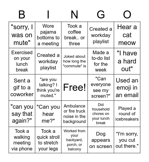 Remote Working Bingo Card