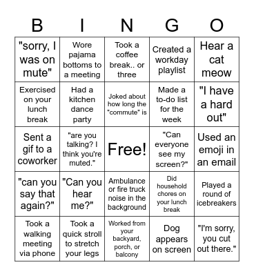 Remote Working Bingo Card