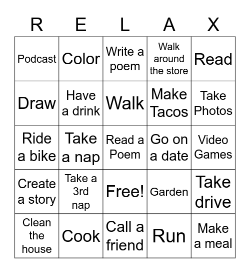 Relaxer Bingo Card