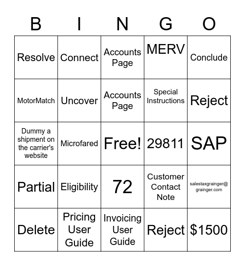 Order/Pre-Order Review Bingo Card