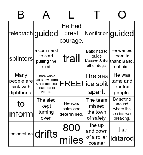 Balto, The Dog Who Saved Nome Bingo Card