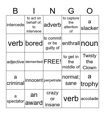 Vocabulary #9 Bingo Card