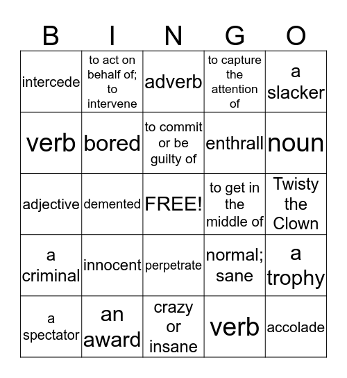 Vocabulary #9 Bingo Card