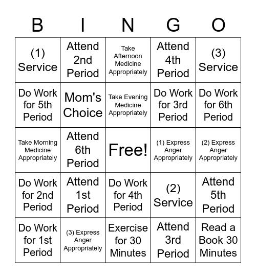 Wednesday 8/12 Bingo Card