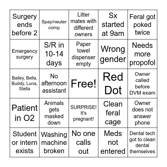 Surgery Bingo Card