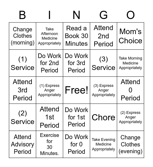 Tuesday/Thursday Bingo Card