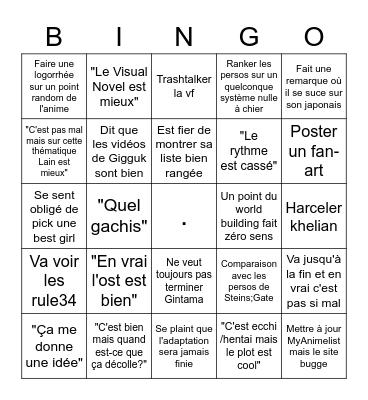 Mat réaction aux anime Bingo Card