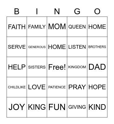 FAMILY KINGDOM BINGO Card