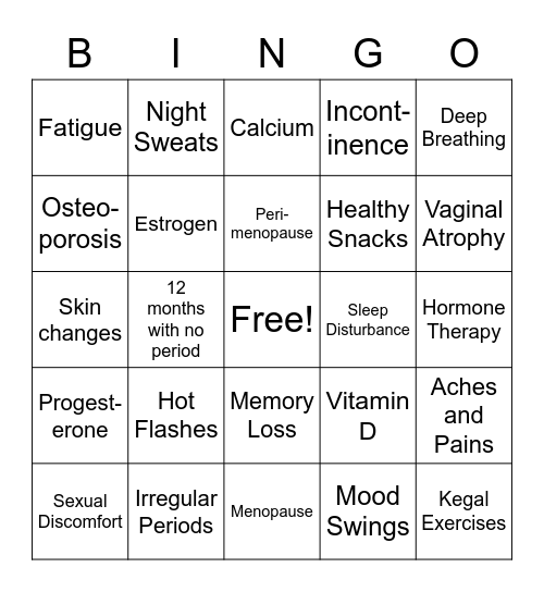 Menopause Bingo Card