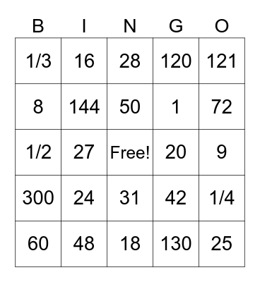 Math Facts BINGO Card